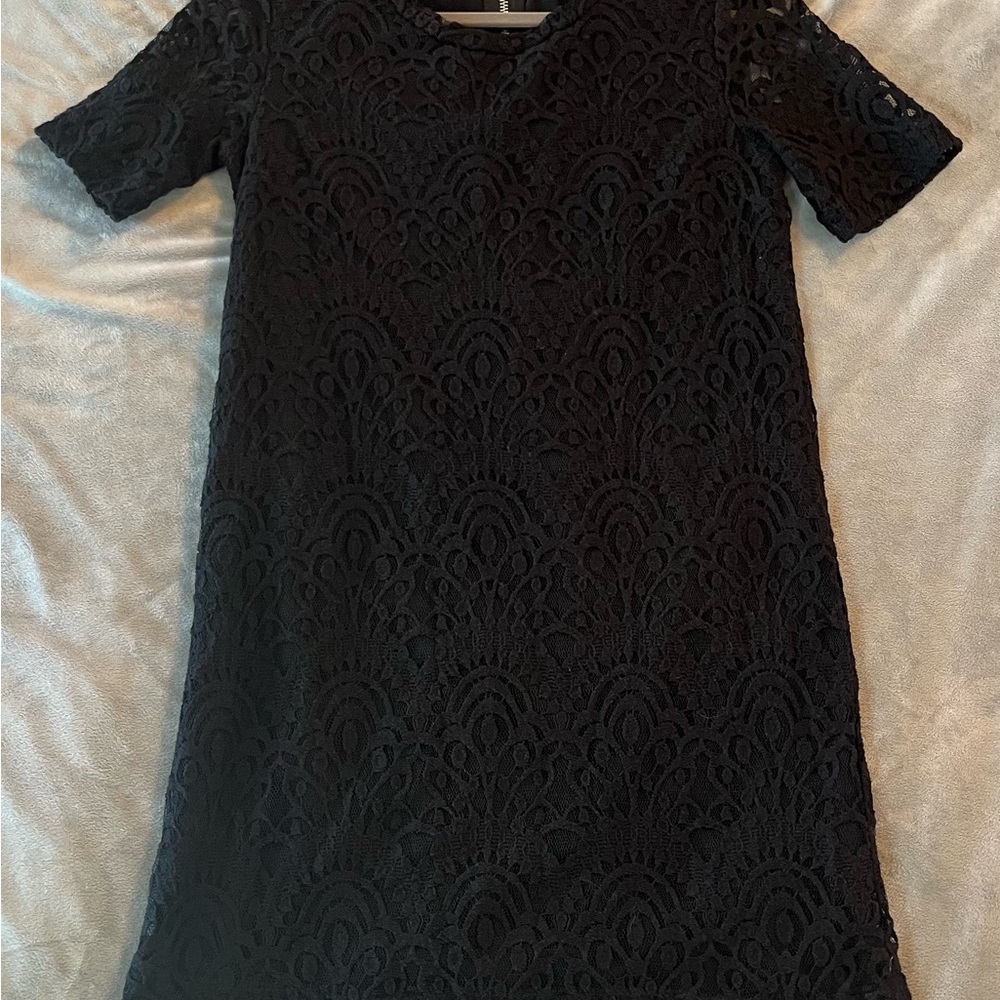 Black Lace Overlay Mini Dress Short Sleeve Crew Neck Wedding Cocktail Goth